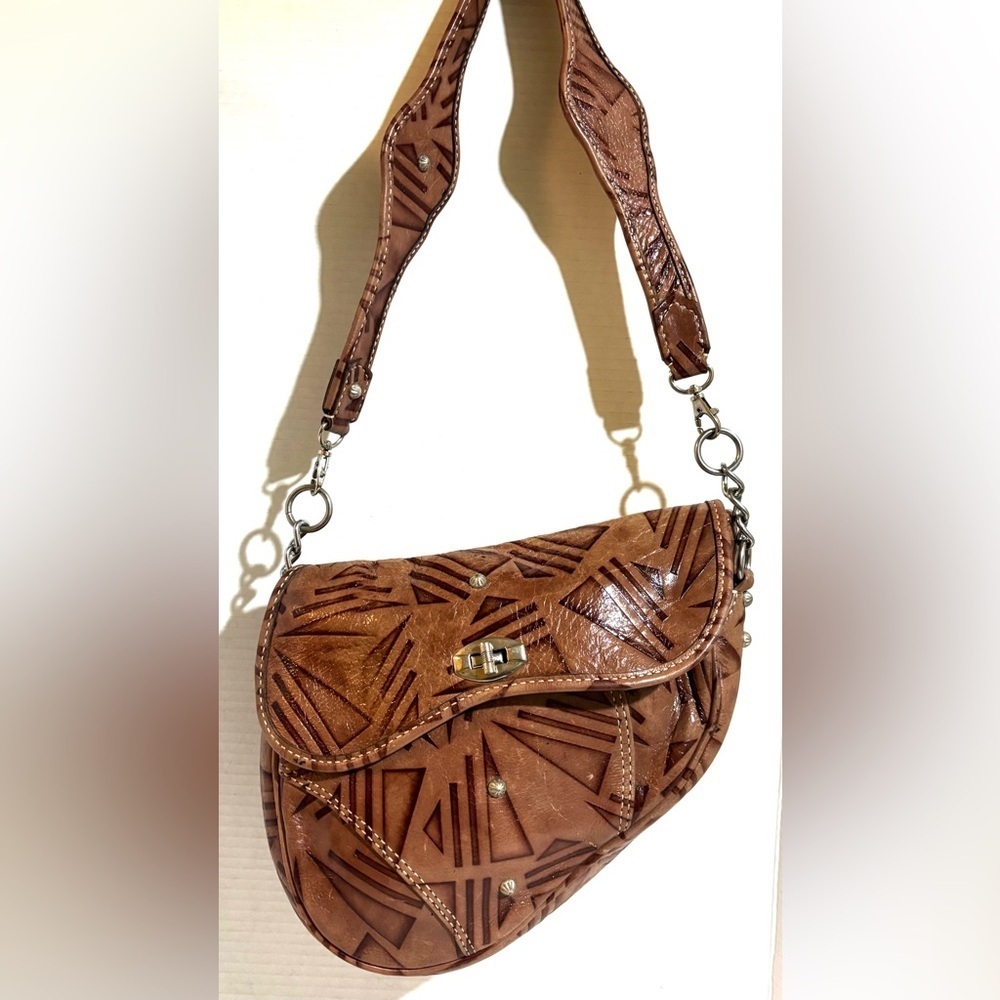 Vintage handmade printed leather Geometric Shoulder Bag